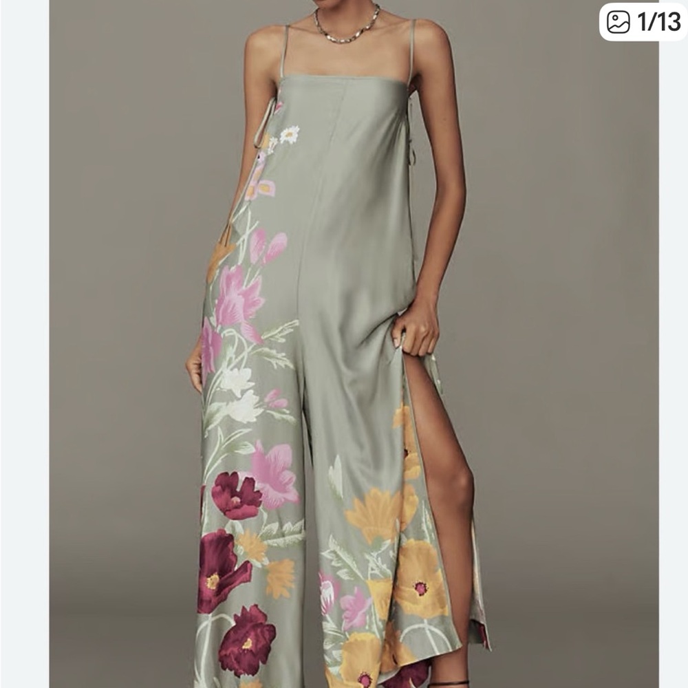 Anthropologie Floral Jumpsuit with Green and Purple Floral Accents